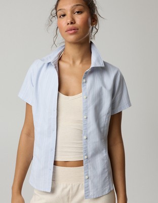 OFFLINE By Aerie Oxford Slim Short Sleeve Button Up Shirt - Eyelet Blue