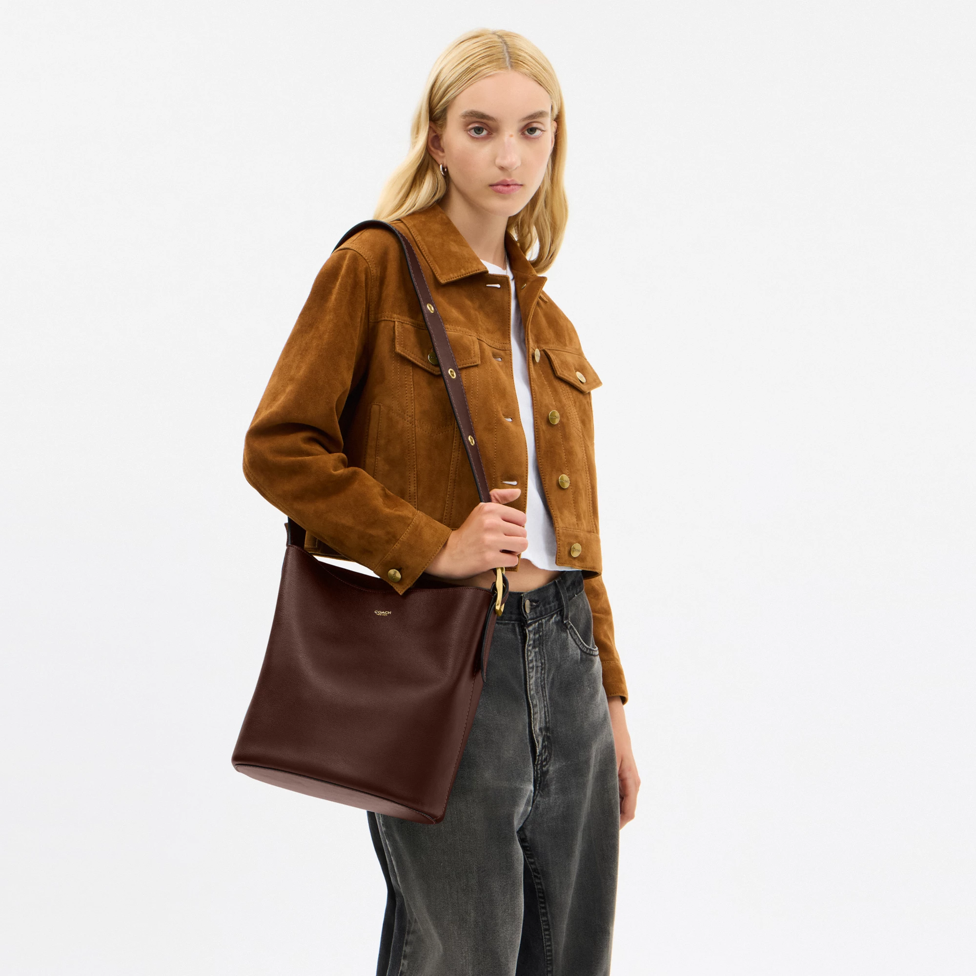 COACH®,Bleecker Bucket Bag,Leather,Bucket,Adjustable,Gold Metal,Casual,Brown,Detail View
