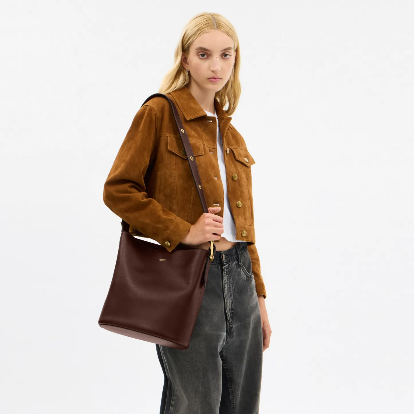 COACH®,Bleecker Bucket Bag,Leather,Bucket,Adjustable,Gold Metal,Casual,Brown,Detail View