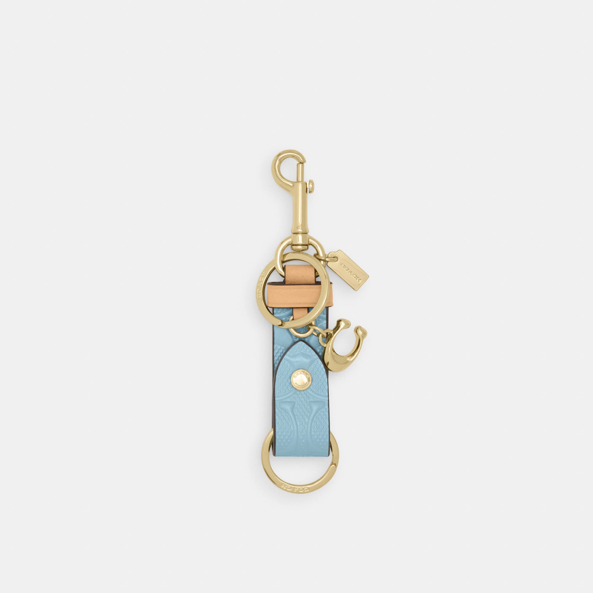 COACH®,Trigger Snap Bag Charm In Signature Leather With Charm,Leather,Bag Charm,Logo,Key Ring,Gold Metal,Casual,Blue,Front View
