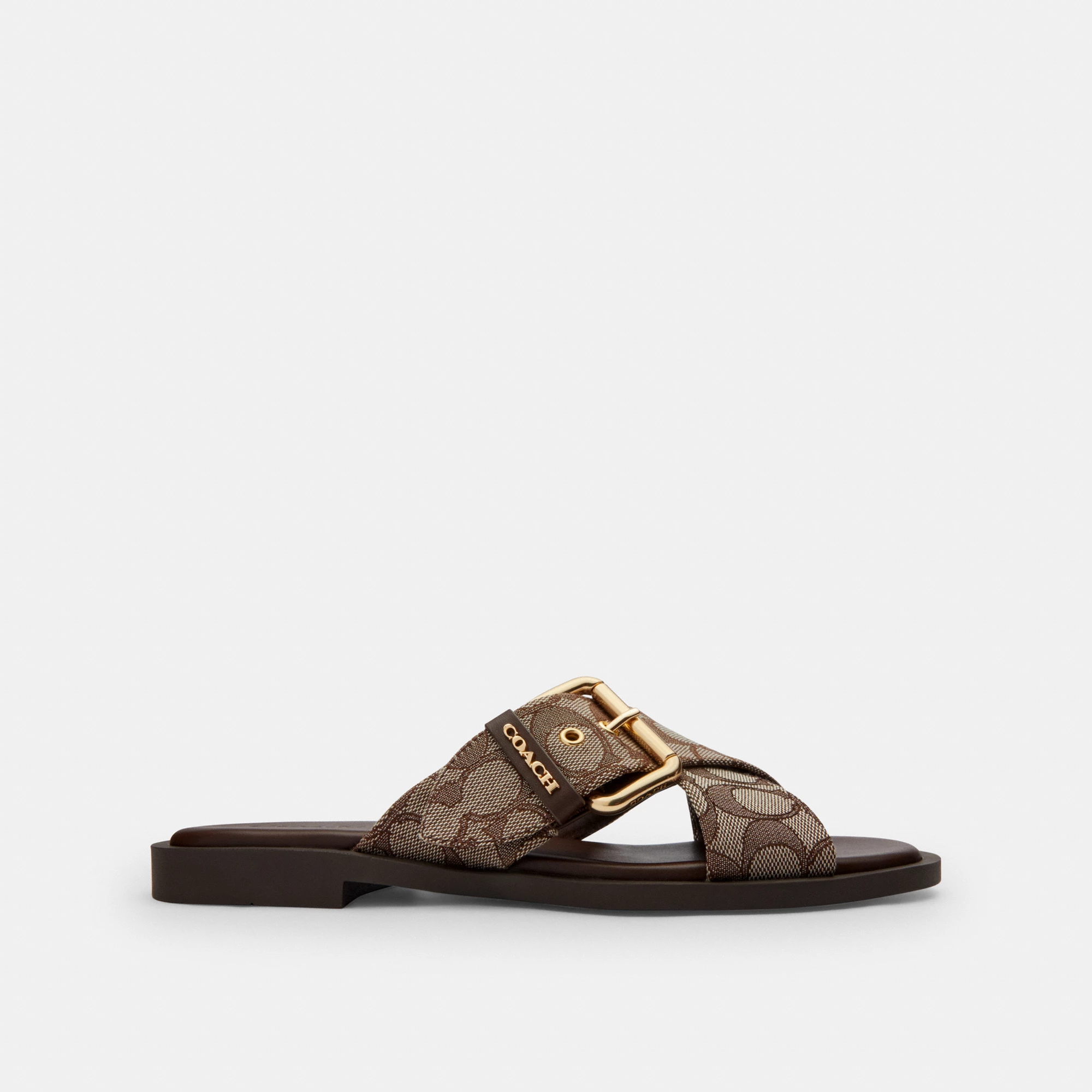 COACH®,Crisscross Buckle Sandal In Signature Jacquard,Polyester,Cotton,Sandals,Fabric,Metal,Sustainable,Casual,Brown,Angle View