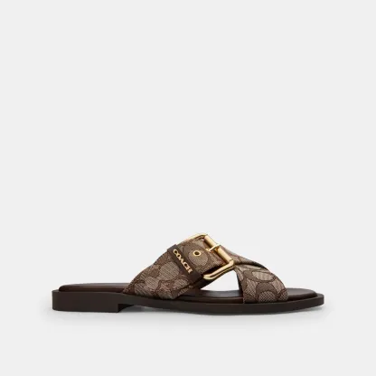 COACH®,Crisscross Buckle Sandal In Signature Jacquard,Polyester,Cotton,Sandals,Fabric,Metal,Sustainable,Casual,Brown,Angle View