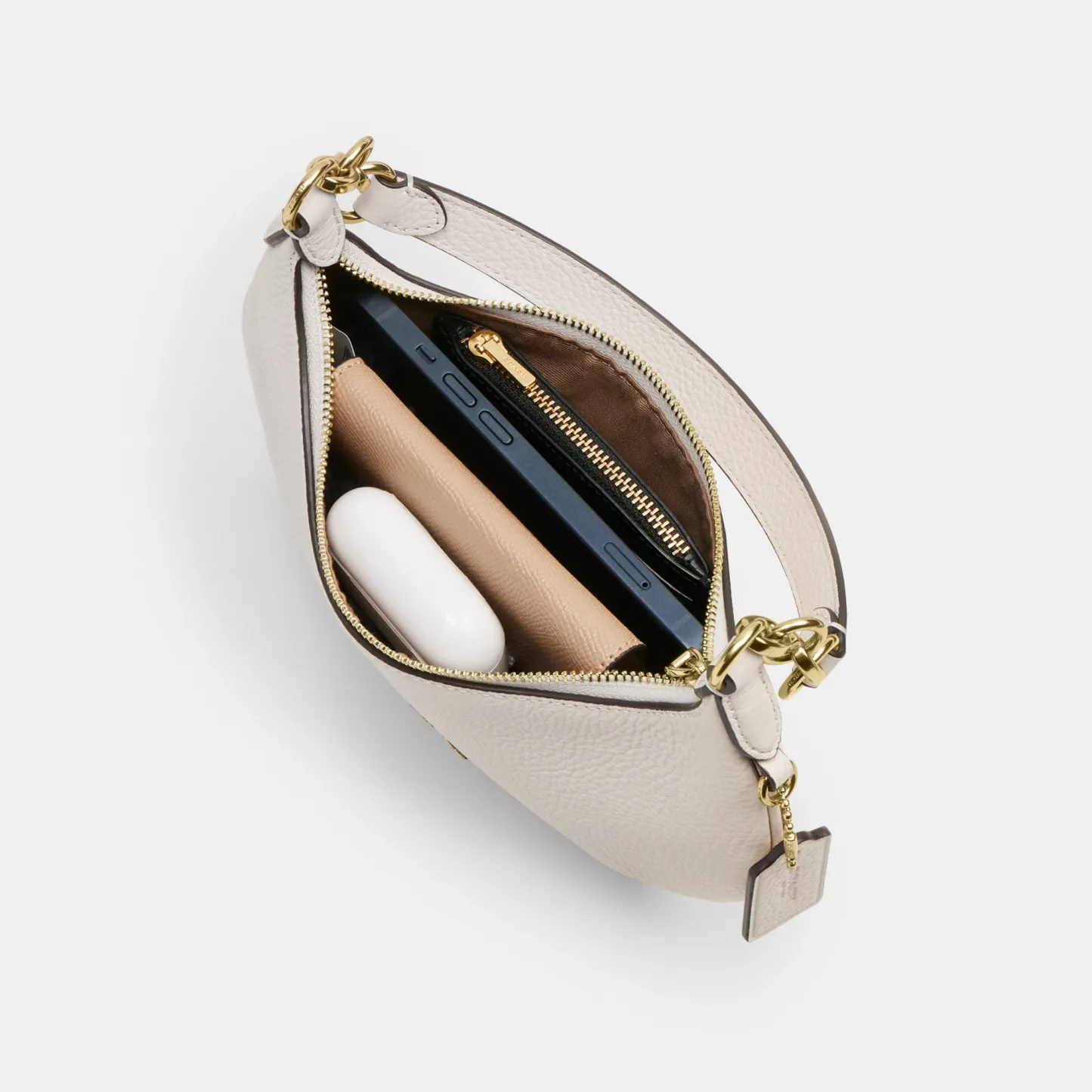 COACH®,Mini Payton Bag,Leather,Recycled Polyester,Shoulder Bag,Logo,Metal,Chain Detail,Compact,Gold Metal,Day Party,White,Inside View,Top View