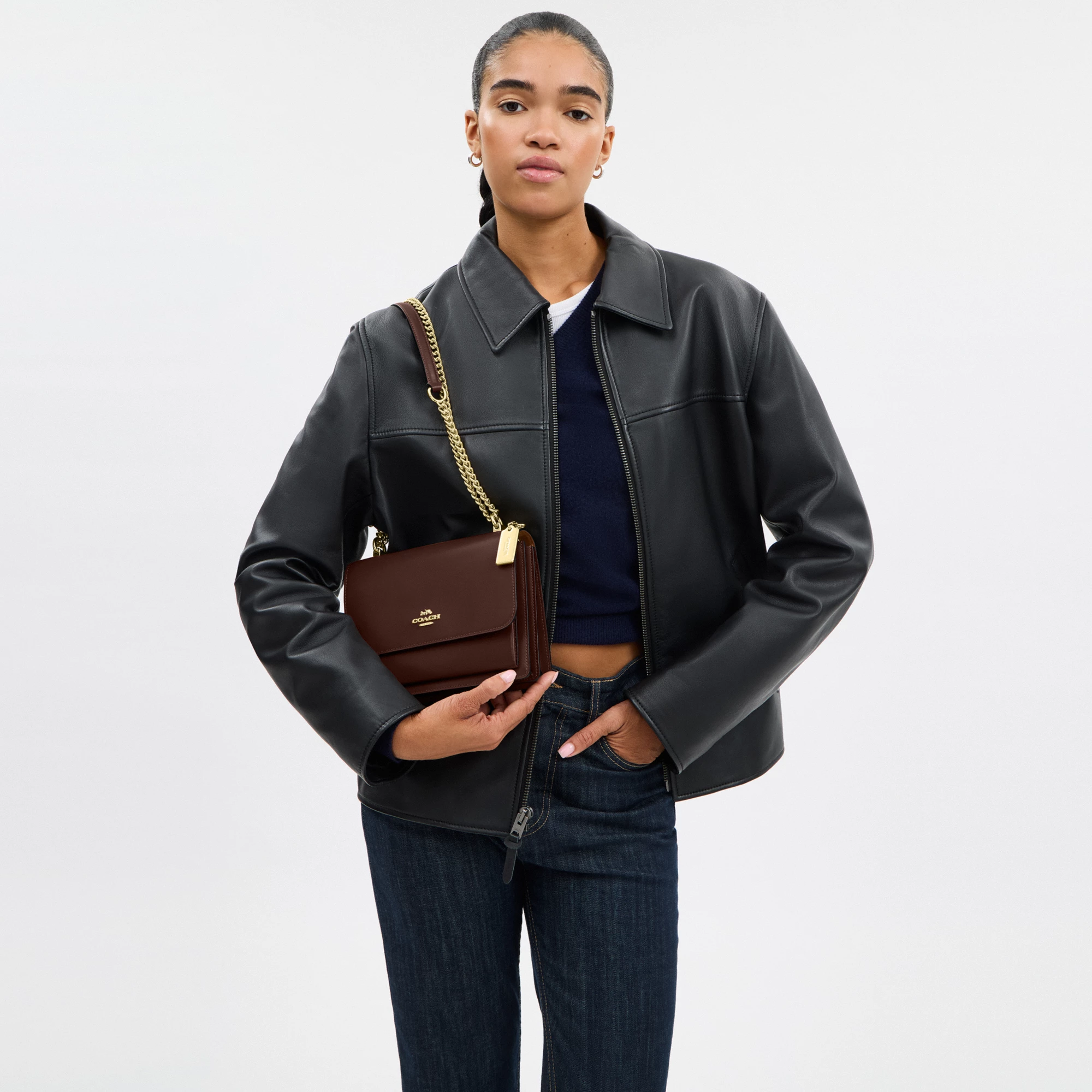 COACH®,Klare Crossbody Bag,Calfskin Leather,Leather,Crossbody,Metal,Logo,Luggage Tag,Adjustable,Lined,Compact,Gold Metal,D...,Brown,Detail View