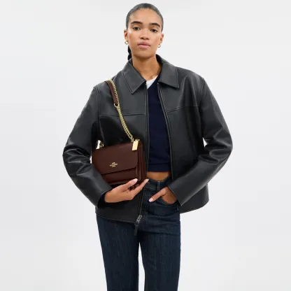 COACH®,Klare Crossbody Bag,Calfskin Leather,Leather,Crossbody,Metal,Logo,Luggage Tag,Adjustable,Lined,Compact,Gold Metal,D...,Brown,Detail View