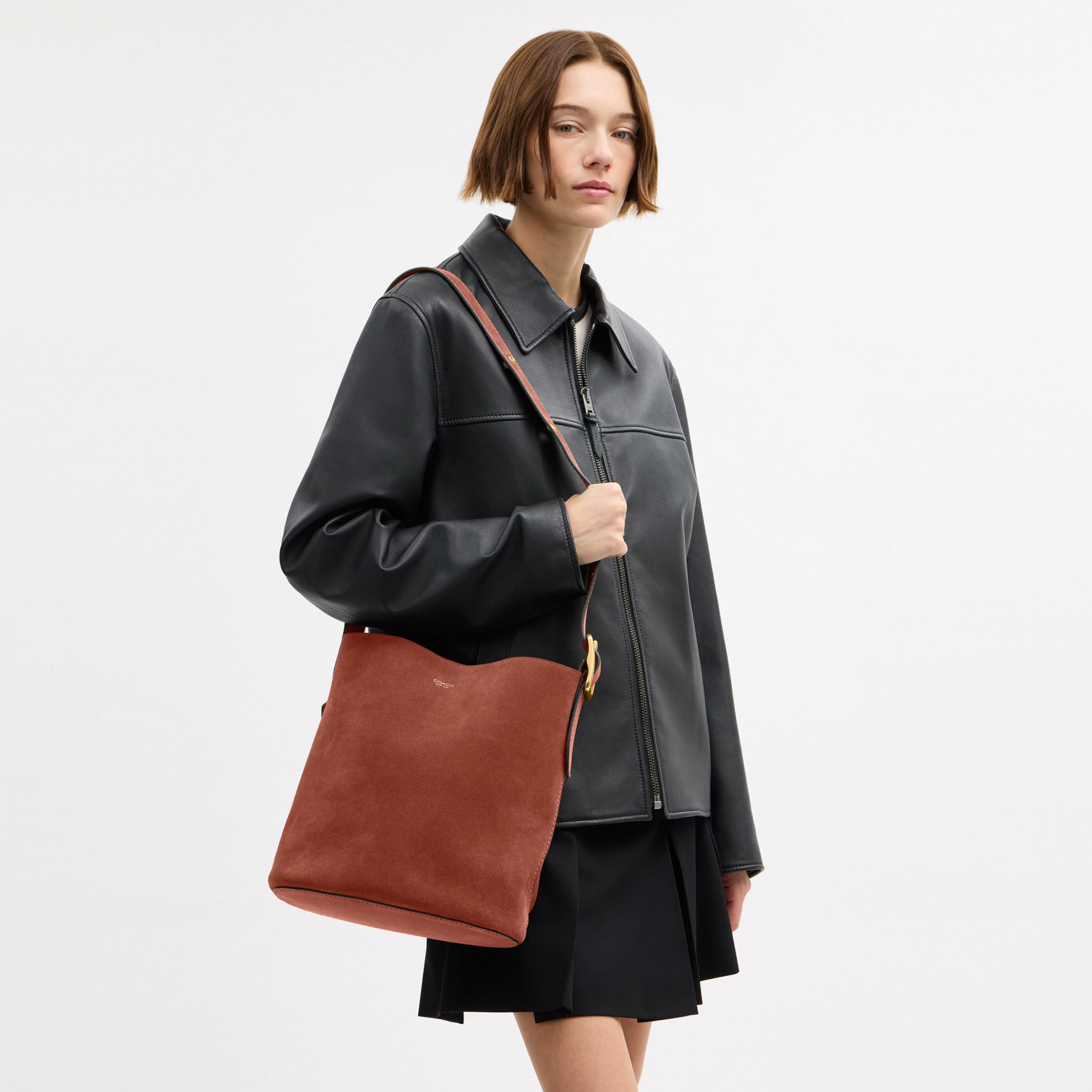 COACH®,Bleecker Bucket Bag,Leather,Suede,Bucket,Hobo,Embellished,Lined,Adjustable,Gold Metal,Casual,Brown,Detail View