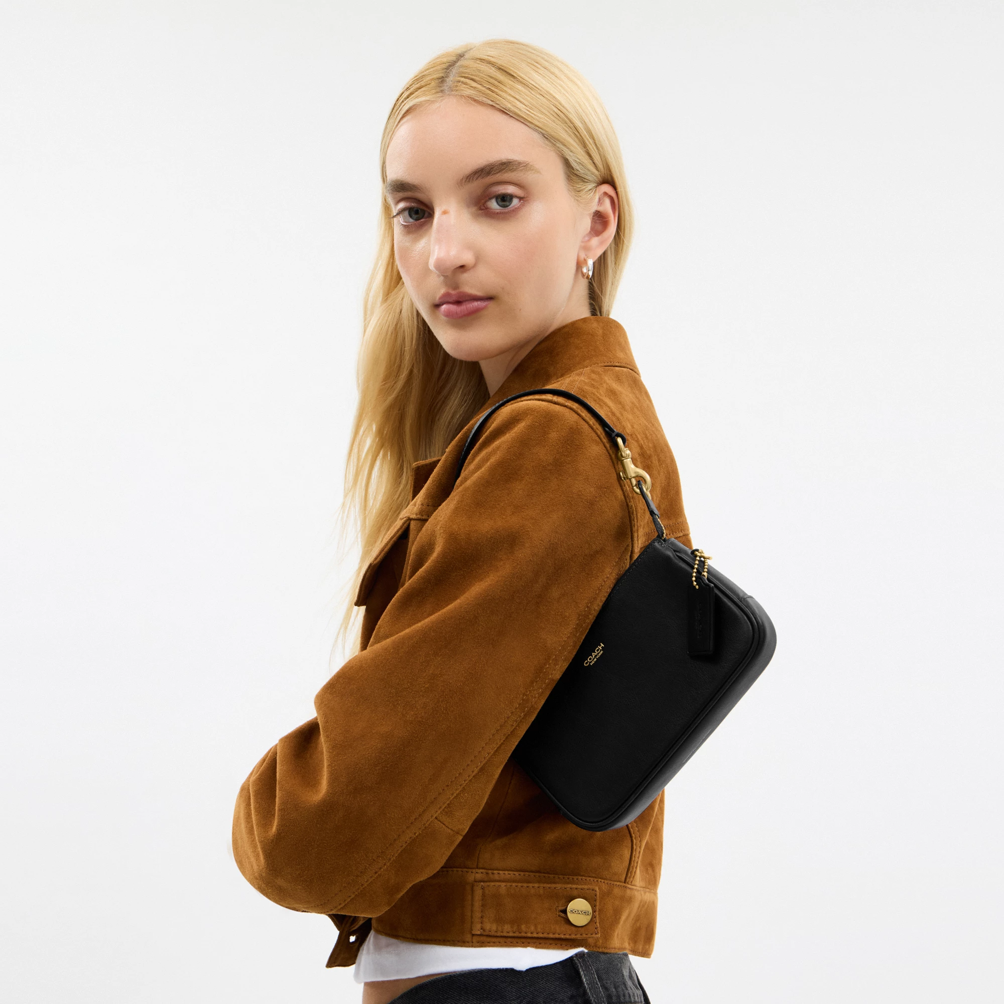 COACH®,Plaza Bag 18,Leather,Shoulder Bag,Compact,Lined,Adjustable,Brass,Gold Metal,Day Party,Black,Detail View