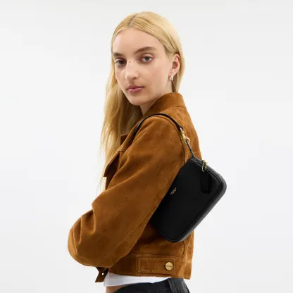 COACH®,Plaza Bag 18,Leather,Shoulder Bag,Compact,Lined,Adjustable,Brass,Gold Metal,Day Party,Black,Detail View
