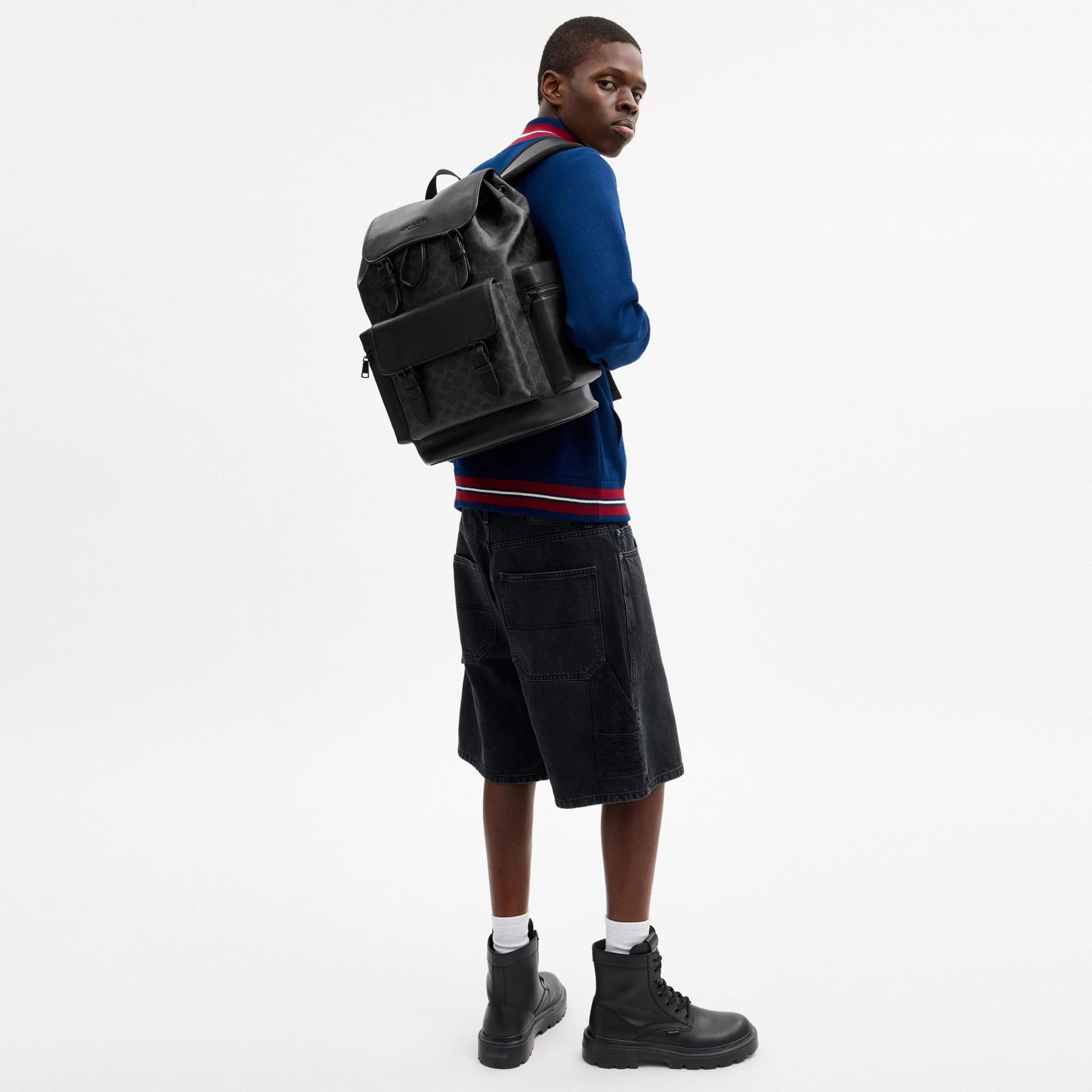 COACH®,Sprint Backpack In Signature Canvas,Canvas,Recycled Polyester,Leather,Backpack,Sustainable,Adjustable,Suitcase Slee...,Black,Detail View