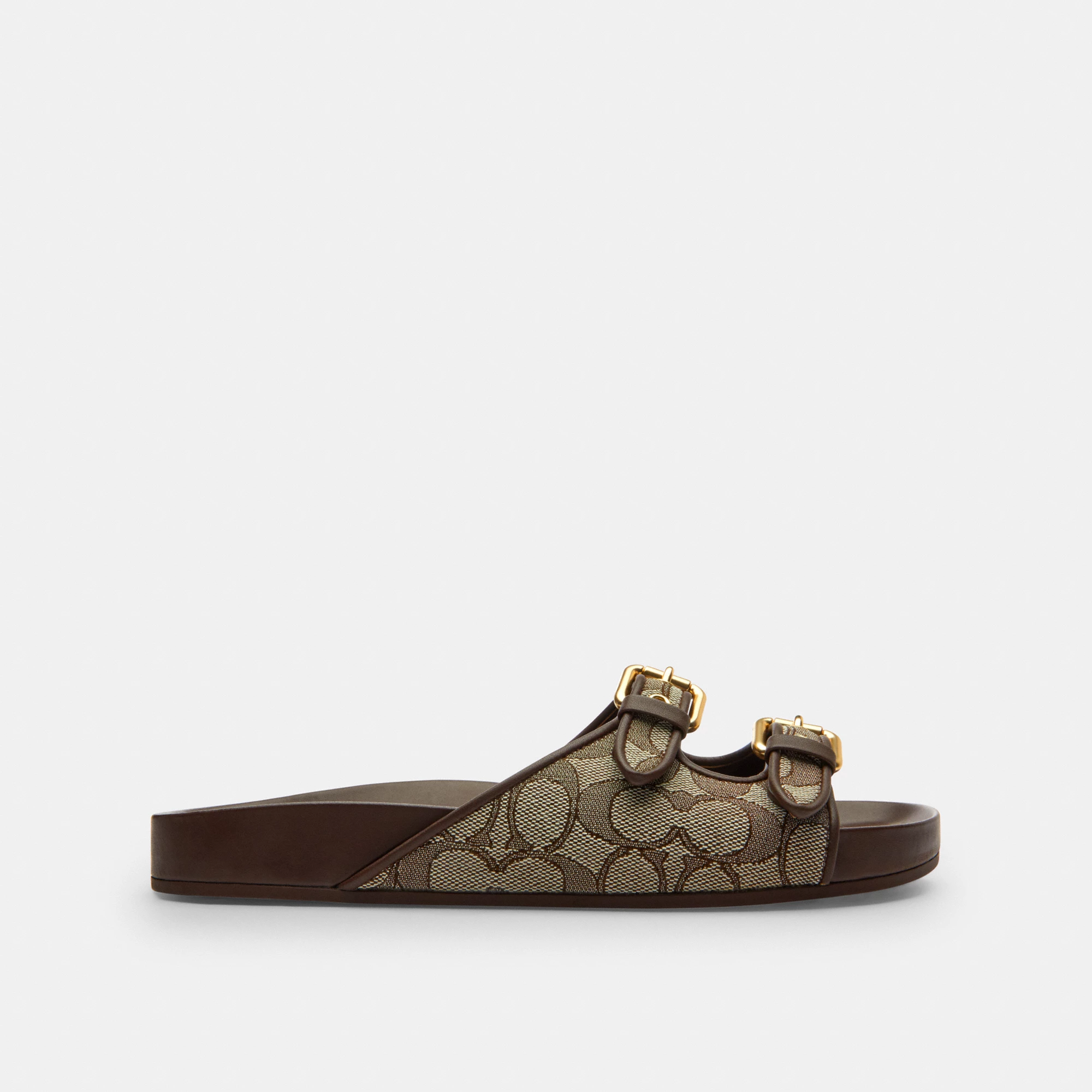 COACH®,Two Band Buckle Sandal In Signature Jacquard,Recycled Polyester,Cotton,Rubber,Polyester,Recycled Cotton,Slides,Fabr...,Multi Color,Angle View