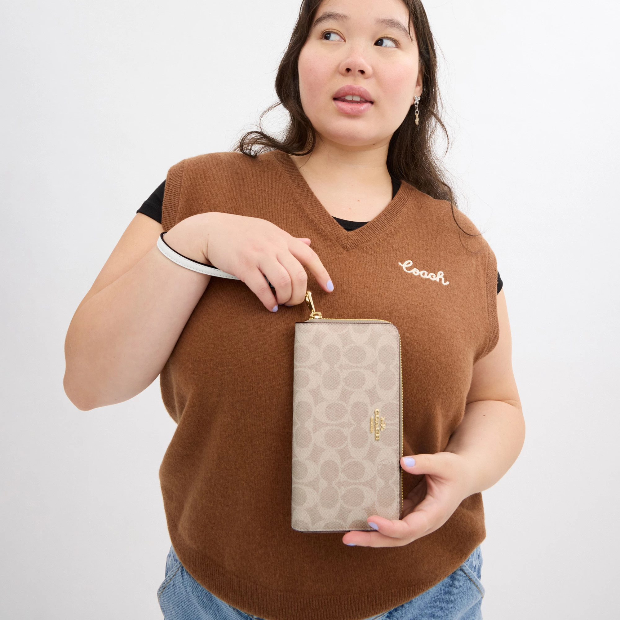 COACH®,Long Zip Around Wallet In Signature Canvas,Continental,Coin,Sustainable,Casual,Beige,Detail View
