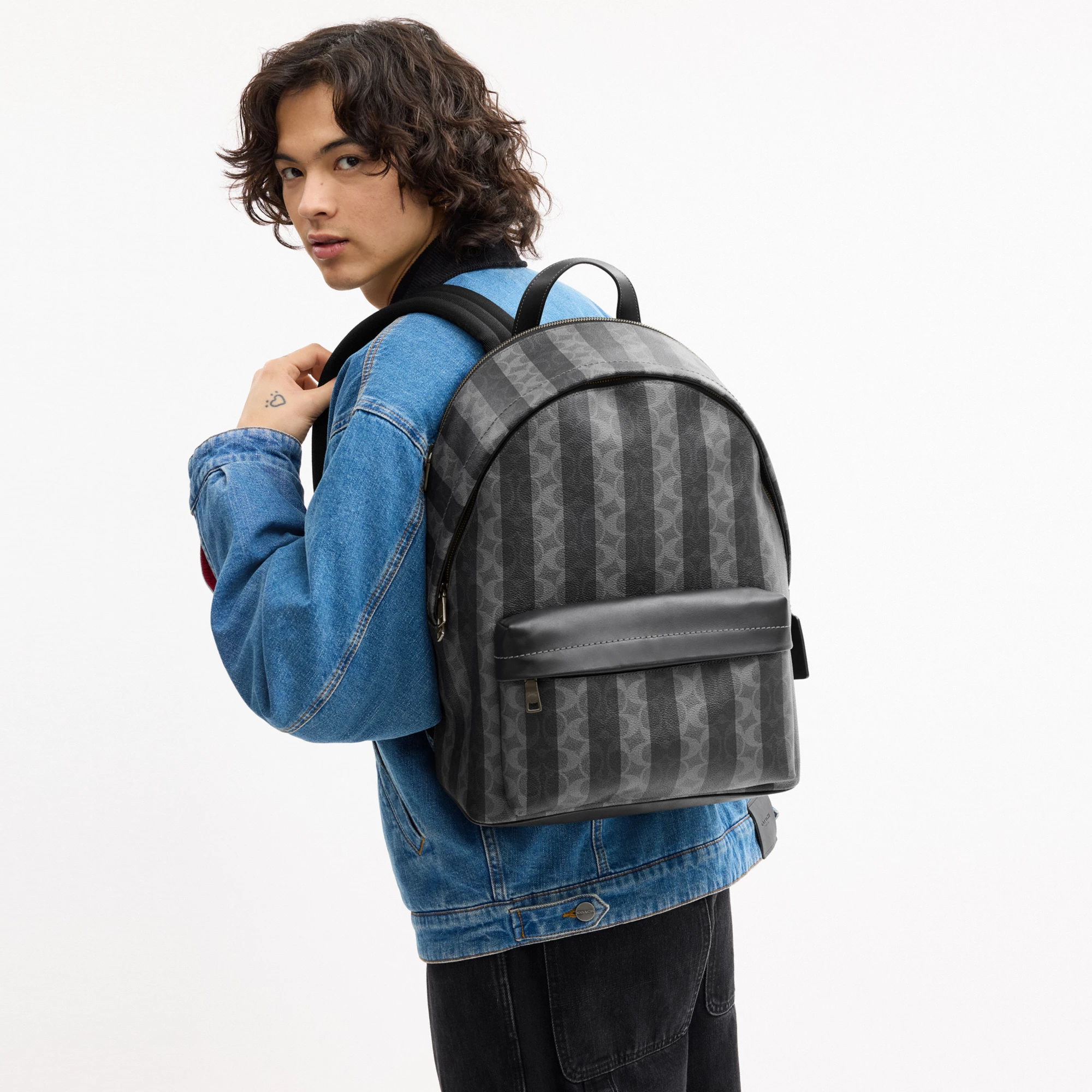 COACH®,Taylor Backpack In Signature Canvas With Stripes,Black,Detail View