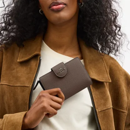 COACH®,Medium Corner Zip Wallet,Leather,Bi Fold,Logo,Metal,Travel,Brown,Detail View