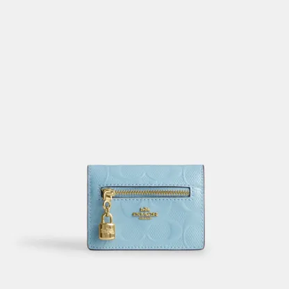COACH®,Card Case With Charm In Signature Leather,Blue,Front View