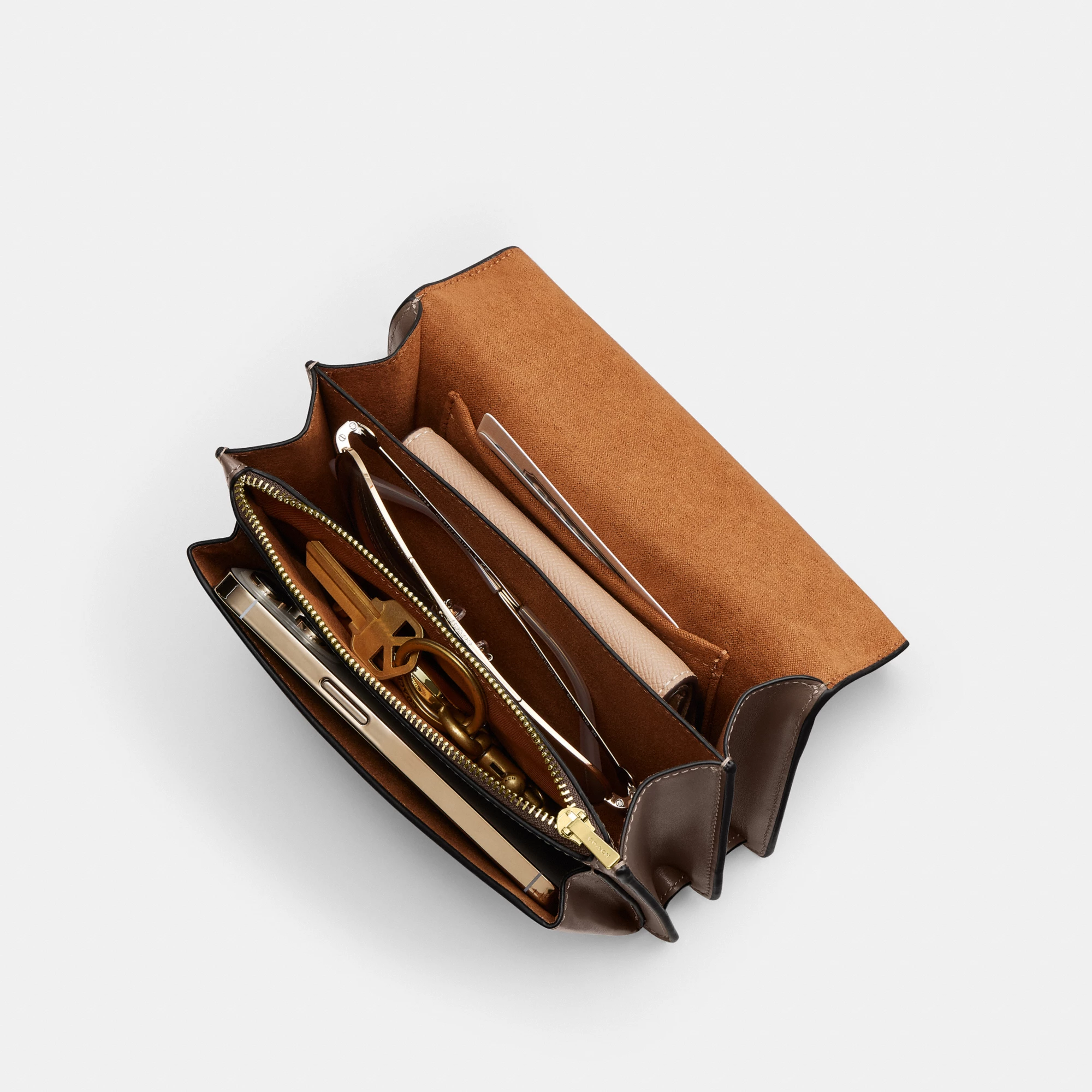 COACH®,Mini Klare Crossbody Bag,Calfskin Leather,Leather,Fabric,Crossbody,Embellished,Compact,Lined,Gold Metal,Day Party,Brown,Inside View,Top View
