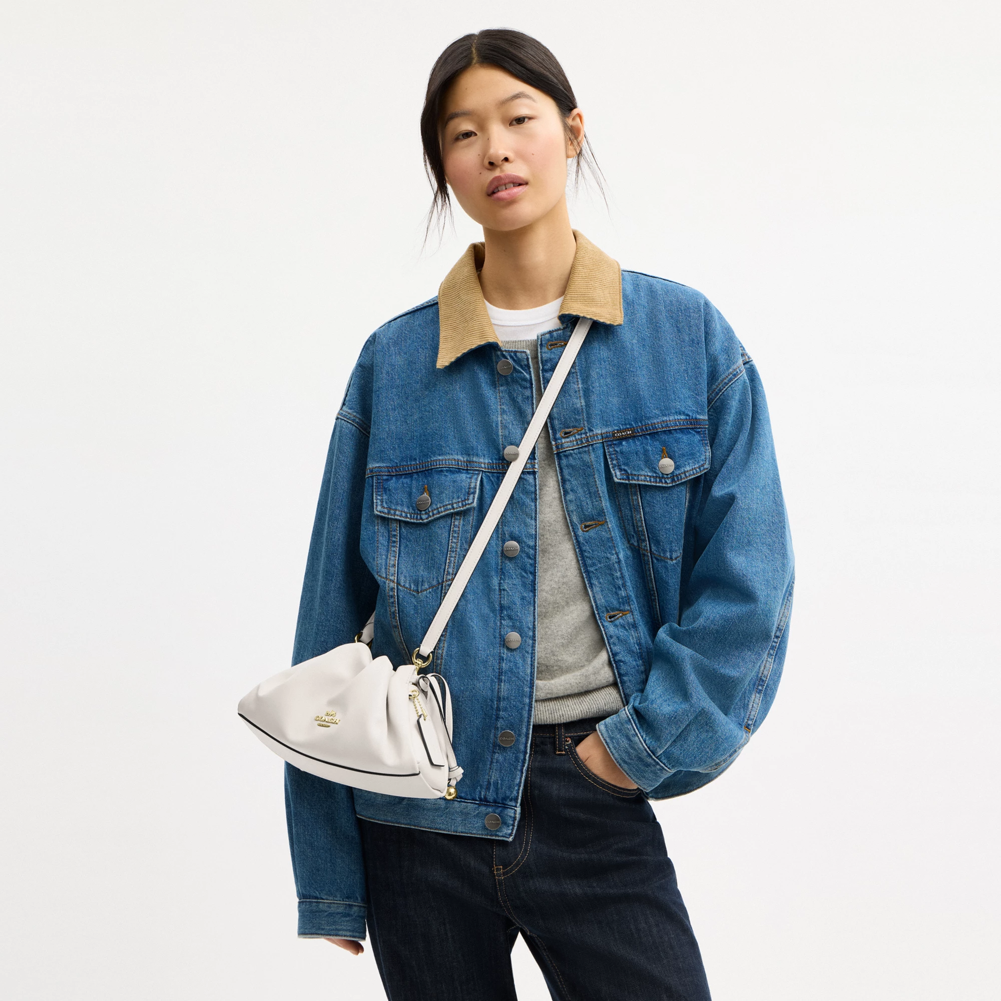 COACH®,Faye Shoulder Bag,Shoulder Bag,Metal,Ball Embellishment,Drawstring,Logo,Casual,White