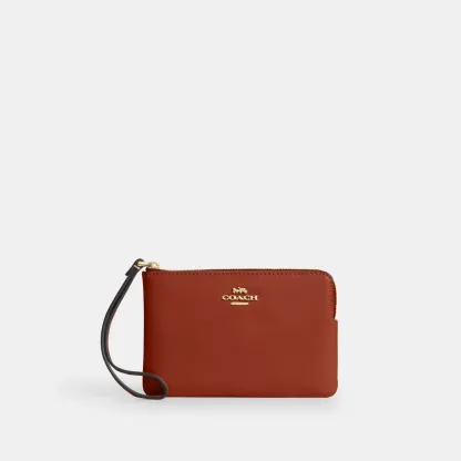 COACH®,Corner Zip Wristlet,Recycled Polyester,Leather,Wristlet,Pouch,Metal,Casual,Brown,Front View