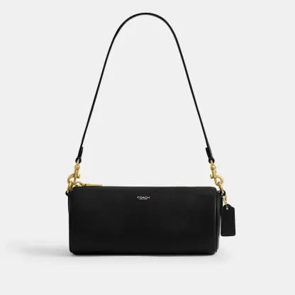COACH®,Barrel Bag,Cotton,Leather,Barrel Bag,Pendant,Sustainable,Lined,Gold Metal,Day Party,Black,Front View
