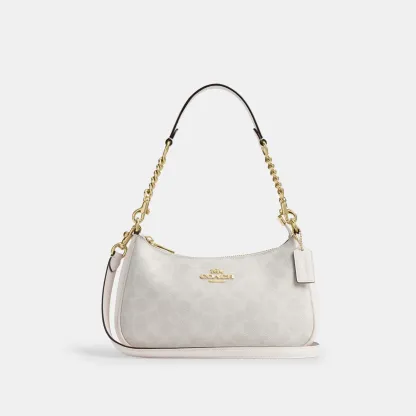 COACH®,Teri Shoulder Bag In Signature Canvas,Shoulder Bag,Logo,Tag Embellishment,Embossed,Metal,Casual,Gray,Front View