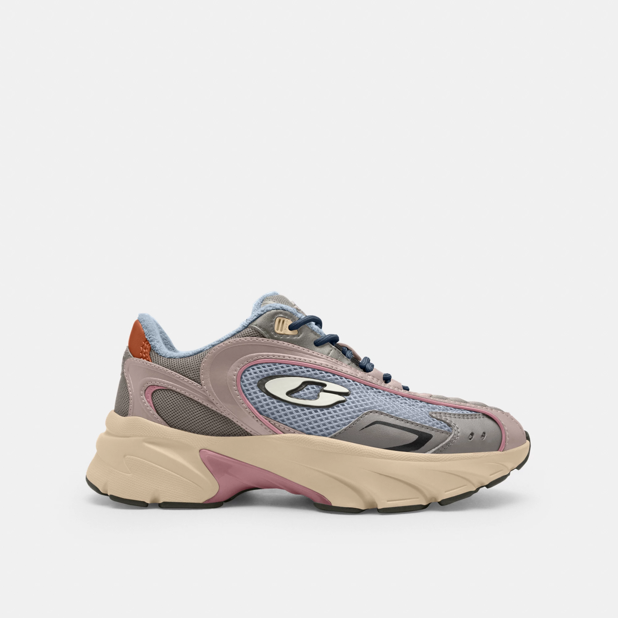 COACH®,Bolt Runner Sneaker,Leather,Rubber,Mesh,Low Top,Activewear,Fabric,Color Block,Logo,Cushioned,Flexible Insole,Pull T...,Beige,Angle View