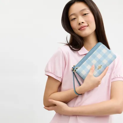 COACH®,Double Zip Wristlet With Gingham Print,,Detail View