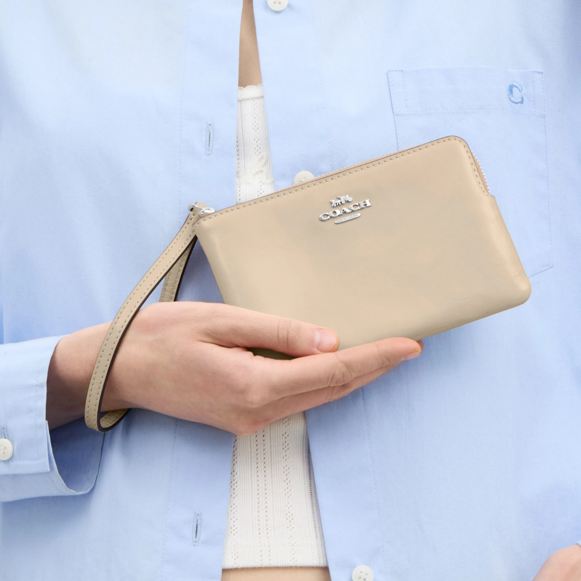 COACH®,Corner Zip Wristlet,Recycled Polyester,Leather,Wristlet,Pouch,Metal,Casual,Beige,Detail View