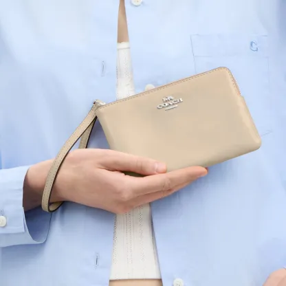 COACH®,Corner Zip Wristlet,Recycled Polyester,Leather,Wristlet,Pouch,Metal,Casual,Beige,Detail View