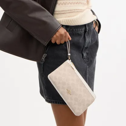 COACH®,Double Zip Wallet In Signature Canvas,Continental,Coin,Color Block,Casual,Multi Color,Detail View