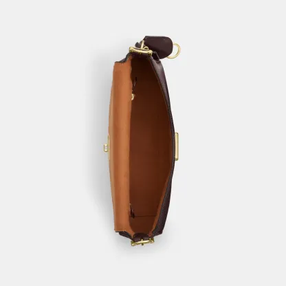 COACH®,Etta Small Flap Shoulder Bag,Leather,Fabric,Shoulder Bag,Metal,Logo,Adjustable,Compact,Lined,Gold Metal,Casual,Brown,Inside View,Top View