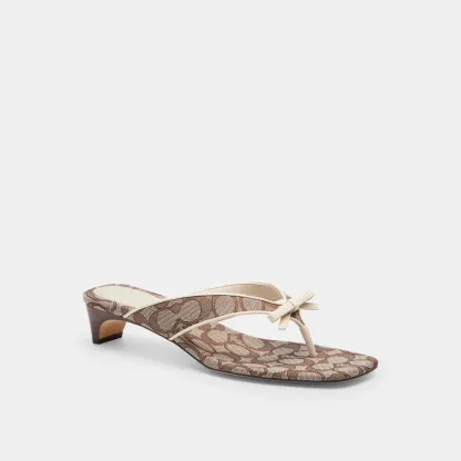 COACH®,Bow Thong Kitten Heel In Signature Jacquard,Brown,Front View