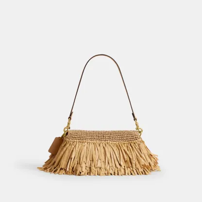 COACH®,Tabby Shoulder Bag 26,Crossbody,Shoulder Bag,Straw,Logo,Fringe,Brass,Casual,Beige,Back View