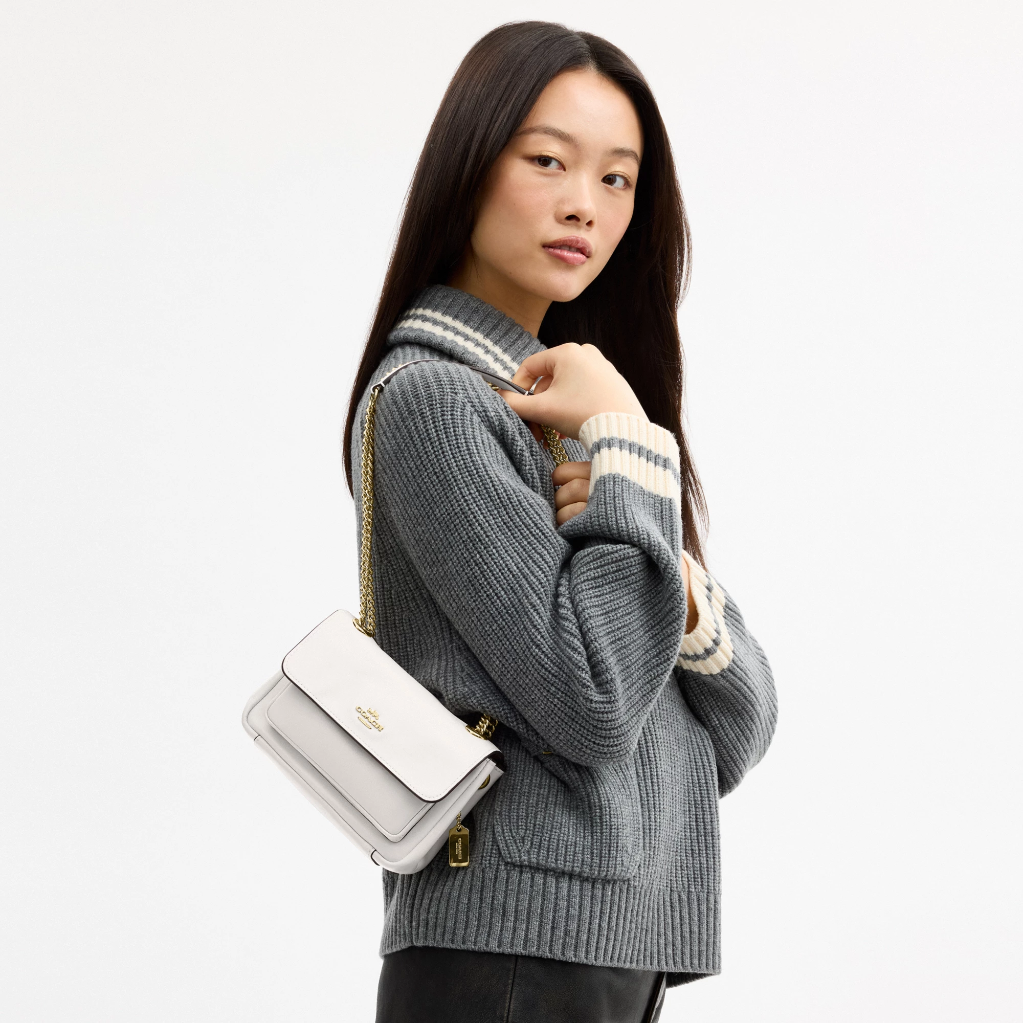 COACH®,Elodie Crossbody Bag 18,Leather,Recycled Polyester,Crossbody,Logo,Sustainable,Adjustable,Silver Metal,Casual,Cream,Detail View