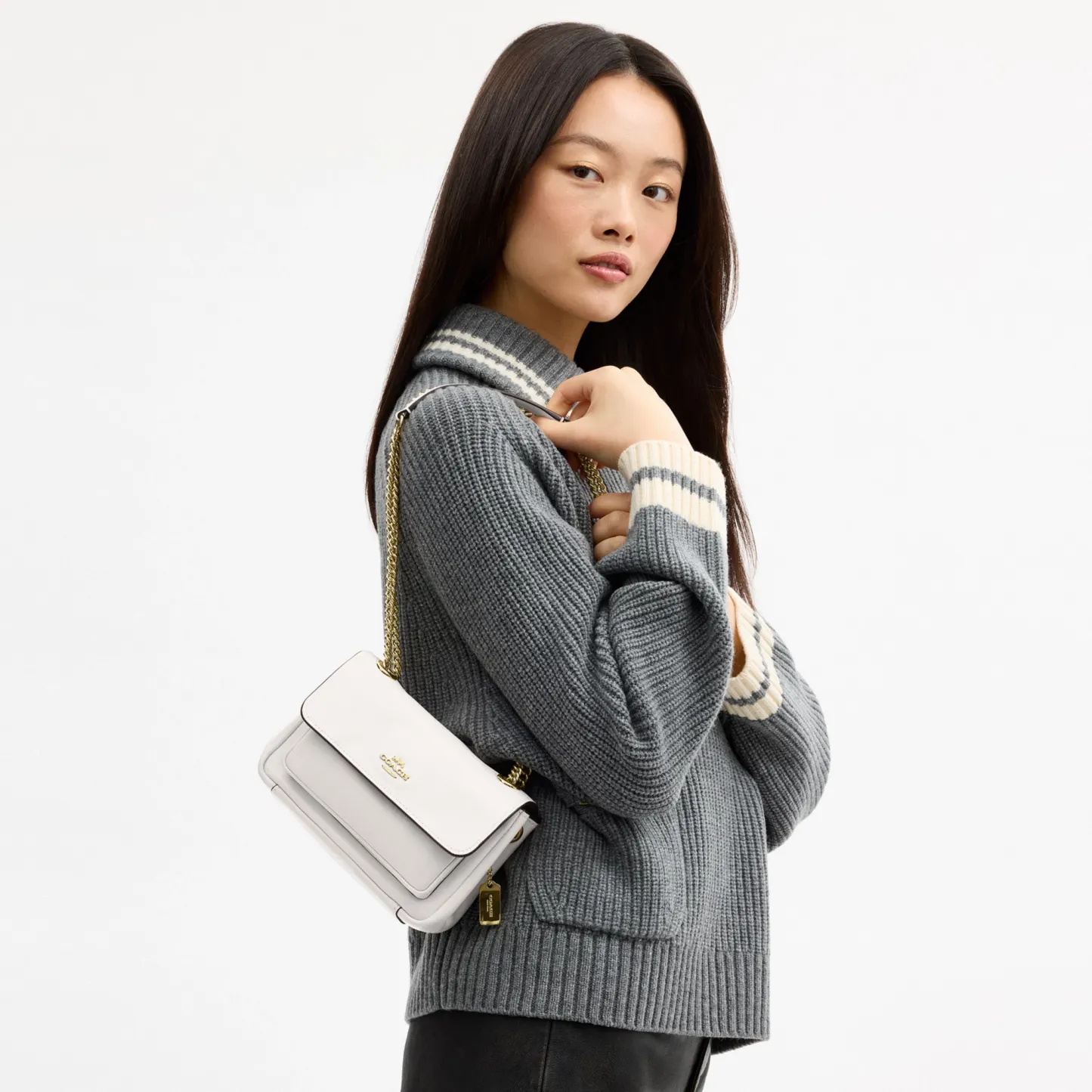 COACH®,Elodie Crossbody Bag 18,Leather,Recycled Polyester,Crossbody,Logo,Sustainable,Adjustable,Silver Metal,Casual,Cream,Detail View