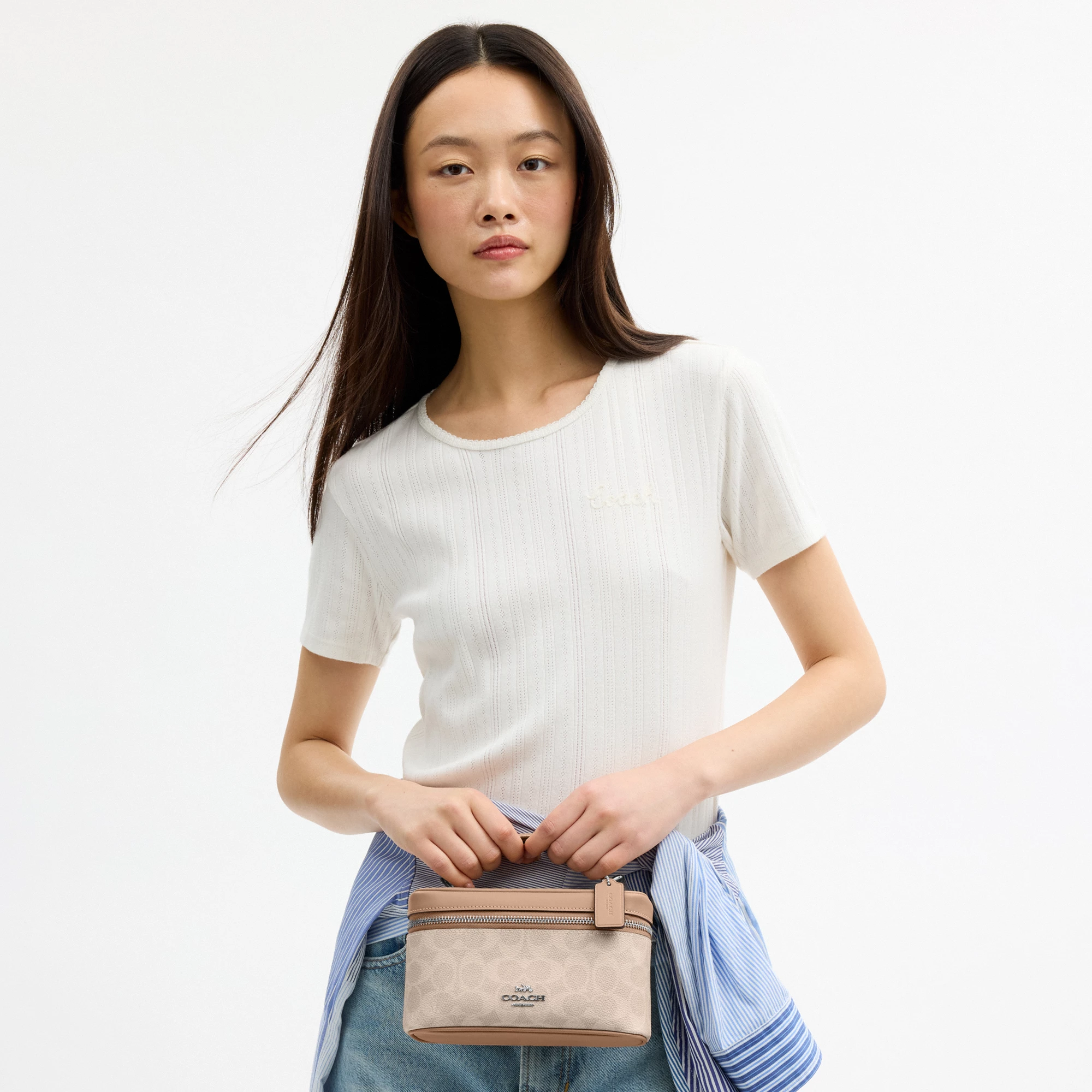 COACH®,Rainer Crossbody Bag 18 In Signature Canvas,Canvas,Recycled Polyester,Leather,Crossbody,Logo,Adjustable,Sustainable...,Taupe,Detail View