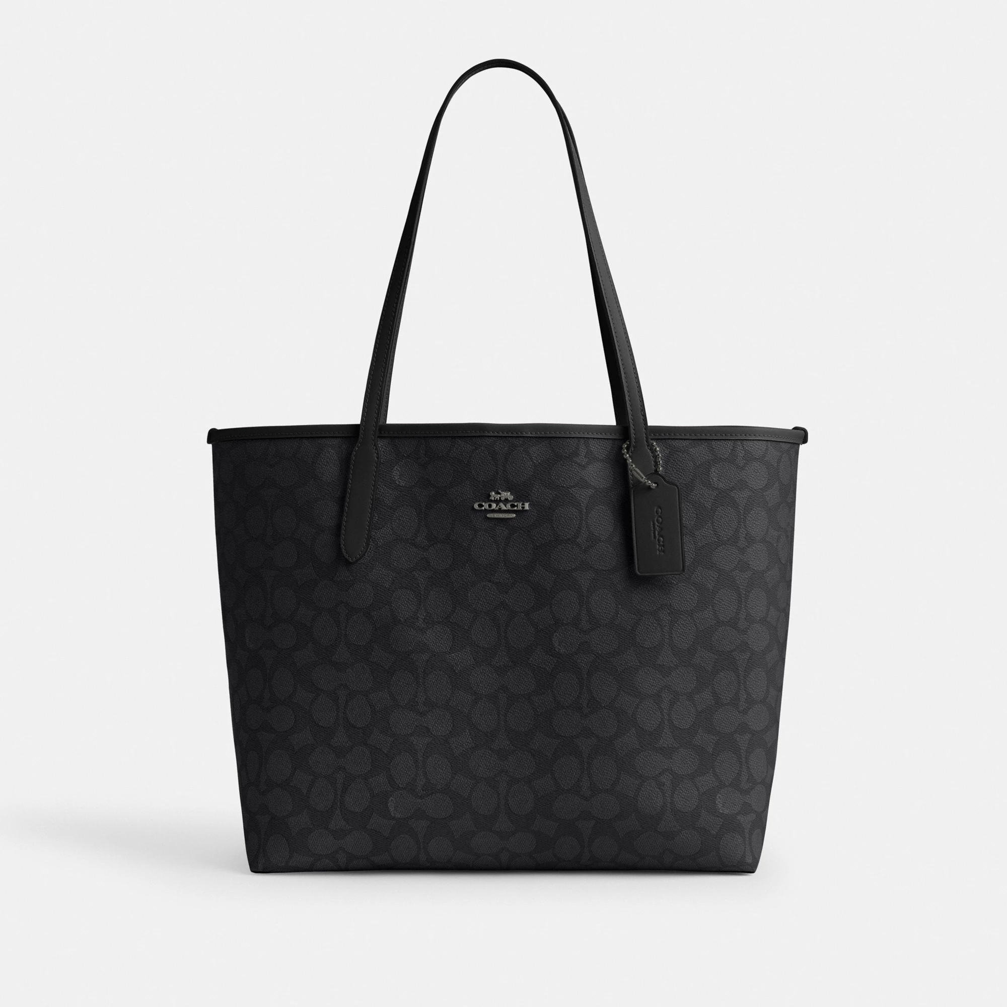 COACH®,City Tote Bag In Signature Canvas,Tote,Metal,Tag Embellishment,Color Block,Embossed,Piping,Logo,Casual,Black,Front View