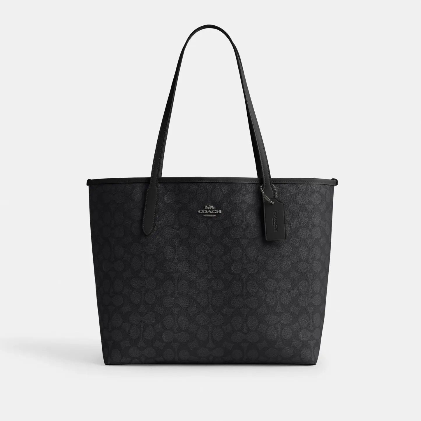 COACH®,City Tote Bag In Signature Canvas,Tote,Metal,Tag Embellishment,Color Block,Embossed,Piping,Logo,Casual,Black,Front View