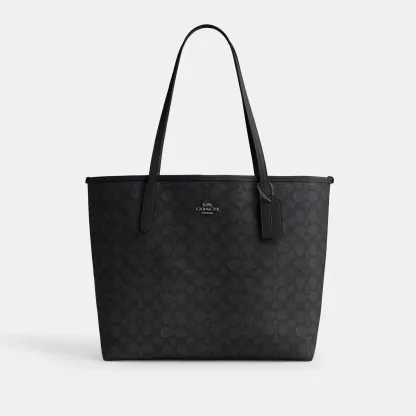 COACH®,City Tote Bag In Signature Canvas,Tote,Metal,Tag Embellishment,Color Block,Embossed,Piping,Logo,Casual,Black,Front View