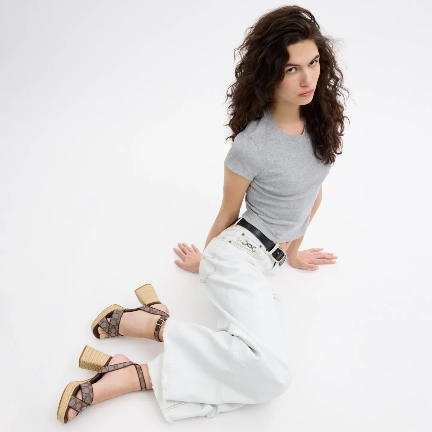 COACH®,Block Heel Sandal In Signature Jacquard,Brown,Detail View