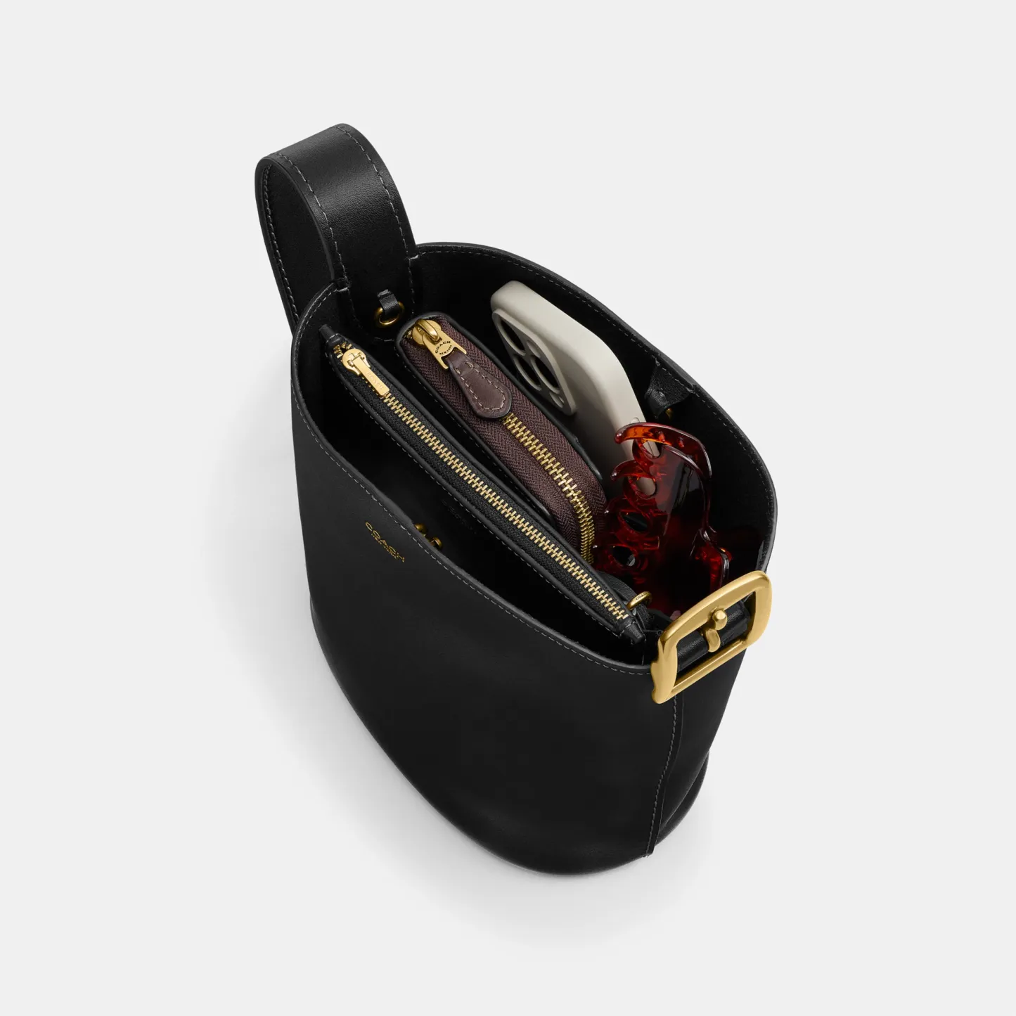 COACH®,Bleecker Bucket Bag 21,Leather,Bucket,Adjustable,Compact,Removable Pouch,Gold Metal,Casual,Black,Inside View,Top View