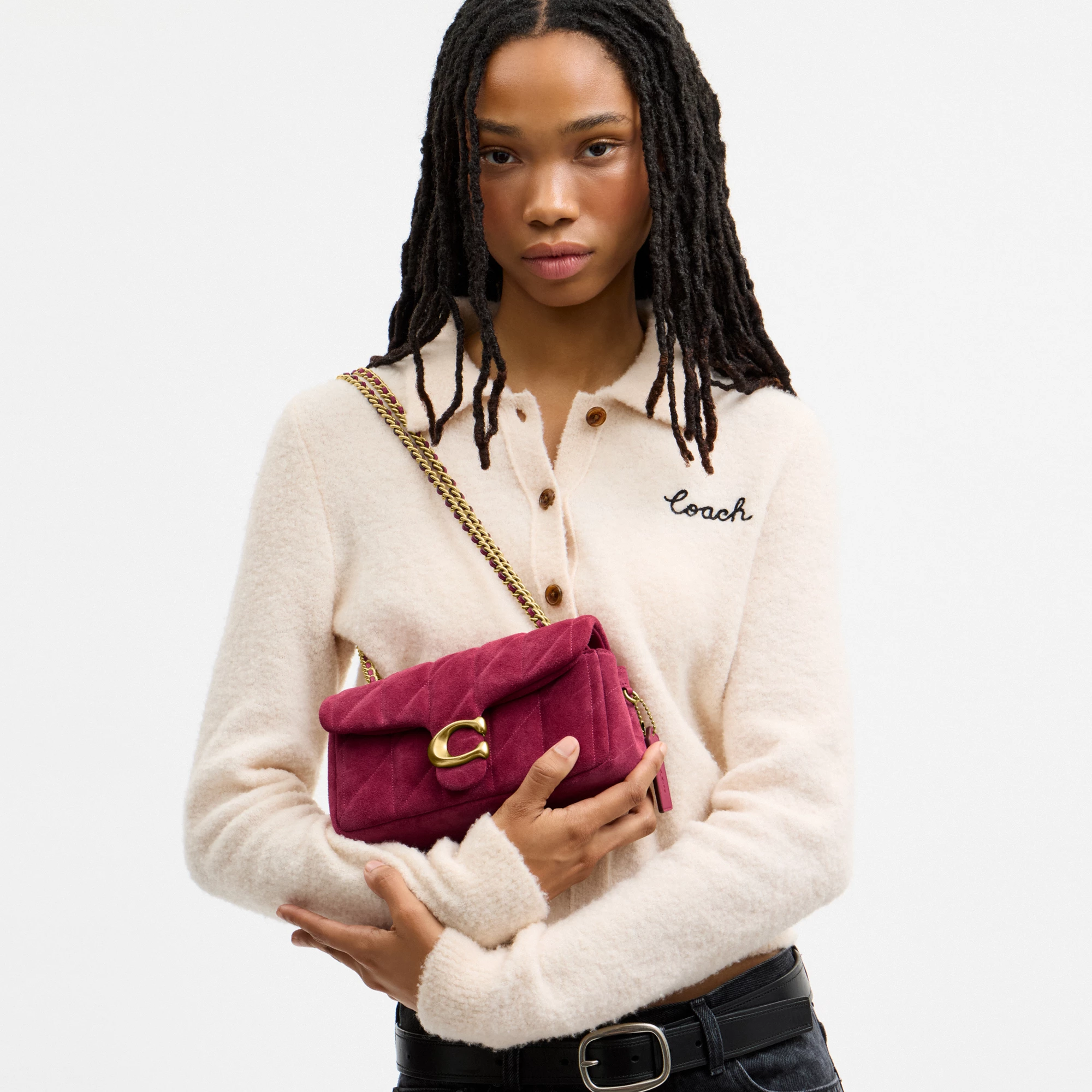 COACH®,Tabby Shoulder Bag 20 With Quilting,Leather,Suede,Shoulder Bag,Metal,Logo,Shoulder Guard,Compact,Lined,Luggage Tag,...,Fuchsia,Detail View