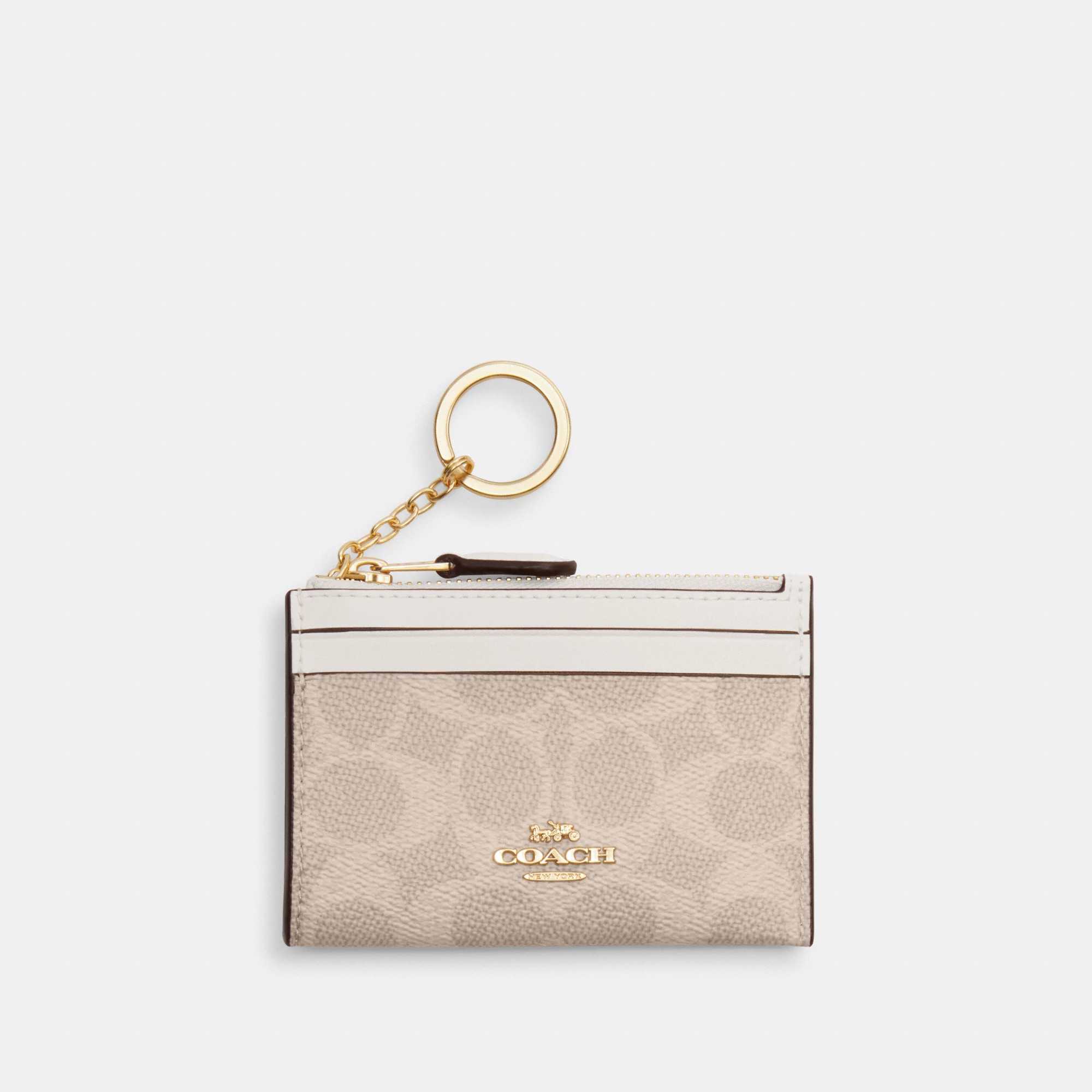 COACH®,Mini Skinny Id Case In Signature Canvas,Card Case,Metal,Color Block,Logo,Sustainable,Key Ring,Casual,Beige,Front View