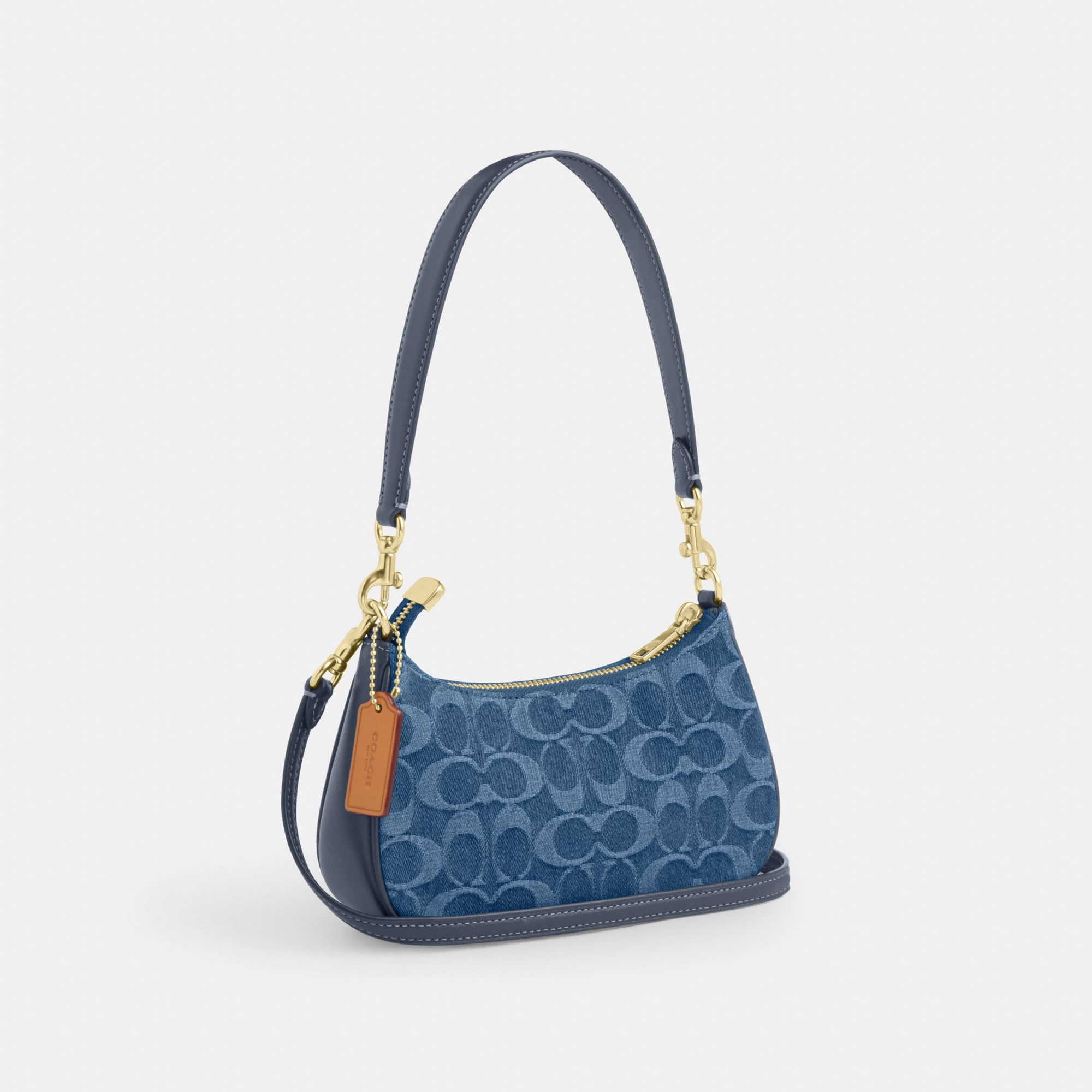 COACH®,Teri Mini Crossbody Bag In Signature Denim,Cotton,Denim,Leather,Shoulder Bag,Metal,Logo,Casual,Navy,Angle View