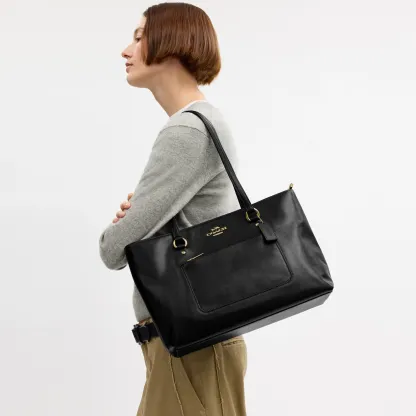 COACH®,Station Tote Bag,Leather,Recycled Polyester,Tote,Logo,Metal,Gold Metal,Work,Black,Detail View