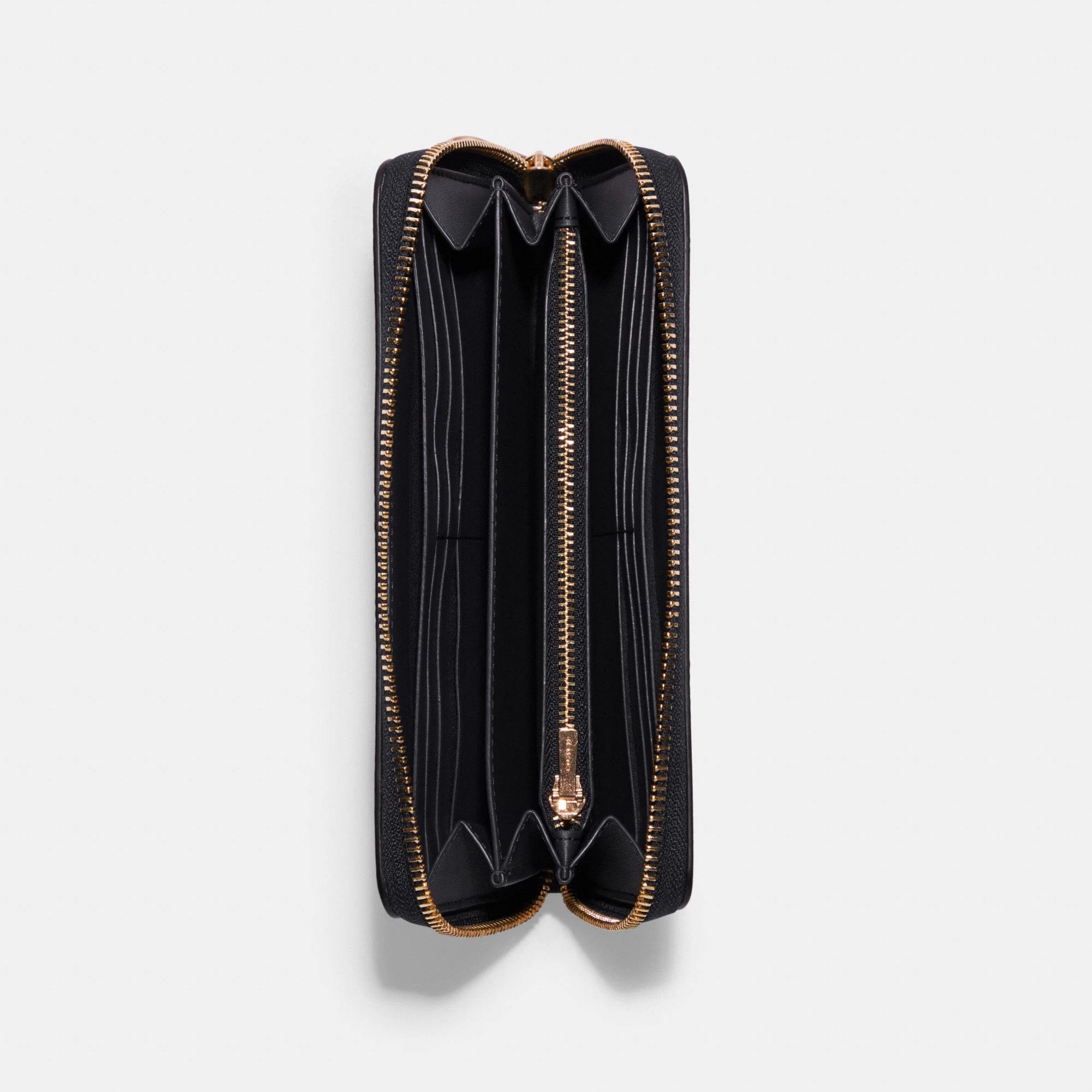 COACH®,Long Zip Around Wallet,Leather,Wristlet,Continental,Gold Metal,Casual,Black,Inside View,Top View