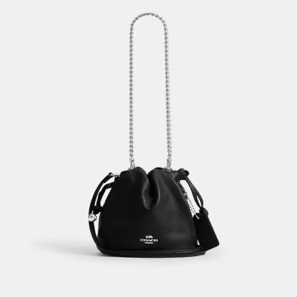COACH®,Faye Mini Drawstring Bag,Leather,Bucket,Logo,Metal,Silver Metal,Day Party,Black,Front View