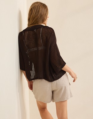 Aerie Short Sleeve Polo Sweater - Deep Earth