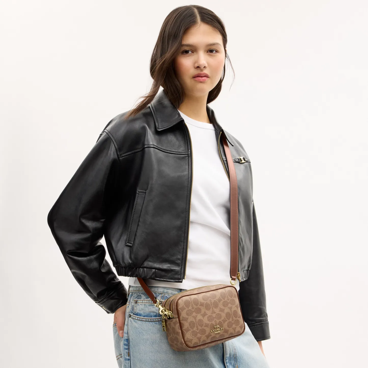 COACH®,Mini Carey Crossbody Bag In Signature Canvas,Polyester,Leather,Canvas,Crossbody,Metal Material,Logo,Metal,Piping,Pe...,