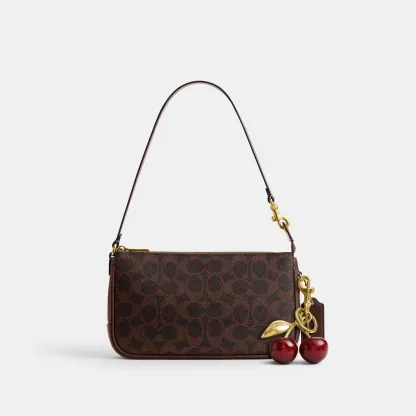 COACH®,Plaza Bag In Signature Canvas,Canvas,Wristlet,Shoulder Bag,Color Block,Pendant,Logo,Lined,Luggage Tag,Compact,Gold ...,Brown,Angle View