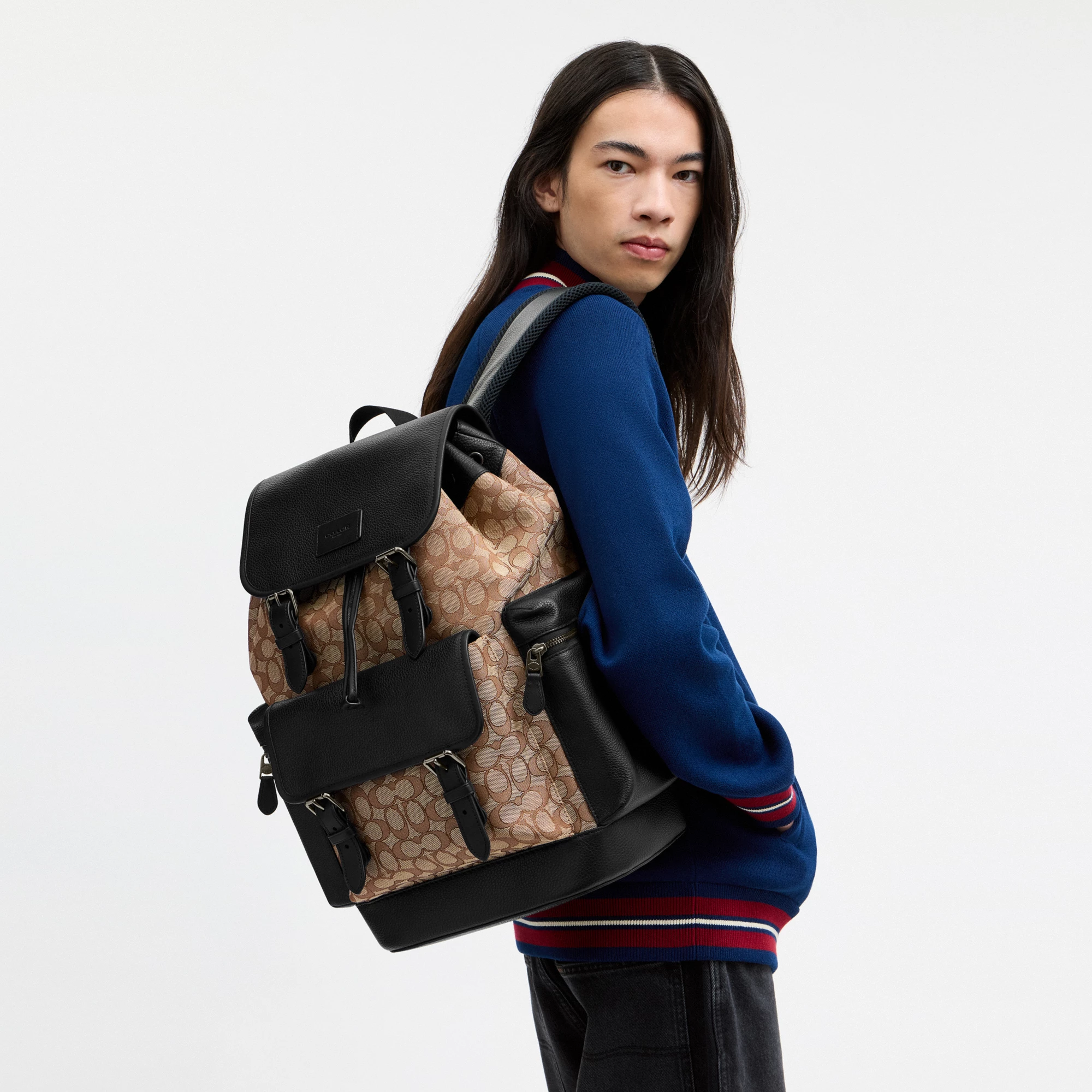 COACH®,Sprint Backpack In Signature Jacquard,Calfskin Leather,Canvas,Backpack,Adjustable,Casual,Multi Color,Detail View