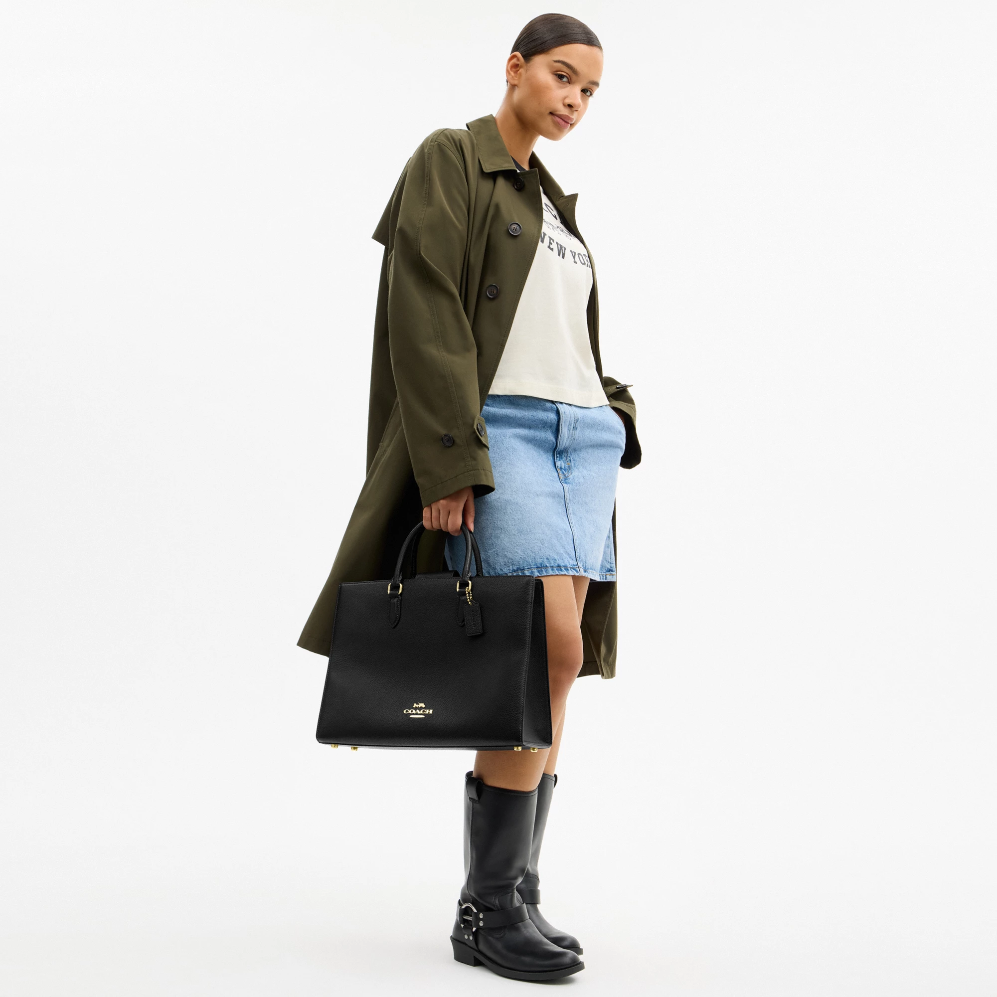 COACH®,Maggie Tote Bag,Leather,Tote,Logo,Embossed,Metal,Work,Black,Detail View